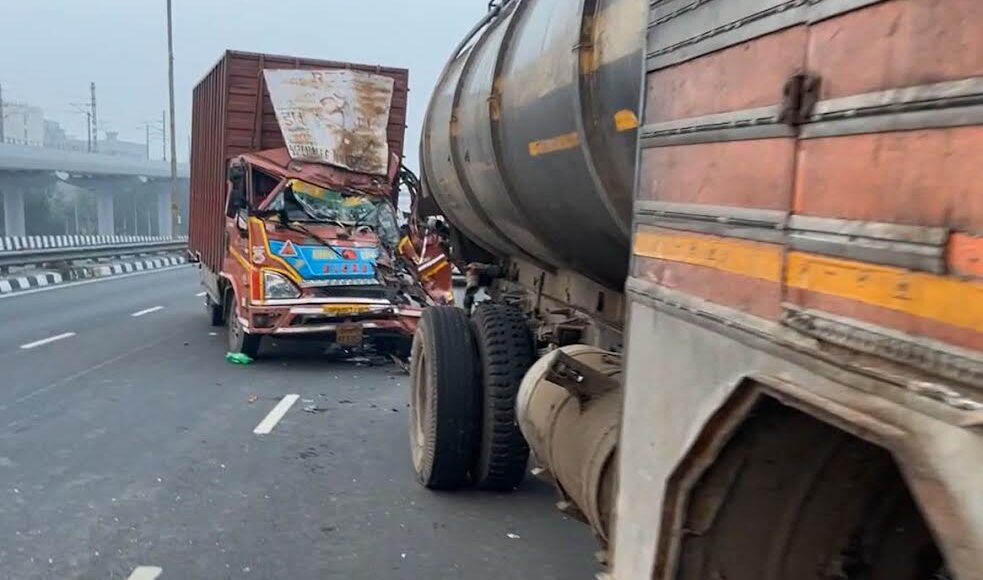Container collided with a water tanker standing on Delhi- Mathura Highway NHPC flyover