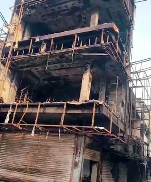 Four shops, including a clothing showroom, were gutted in a fire caused by a short circuit at 'Ek Number' market.